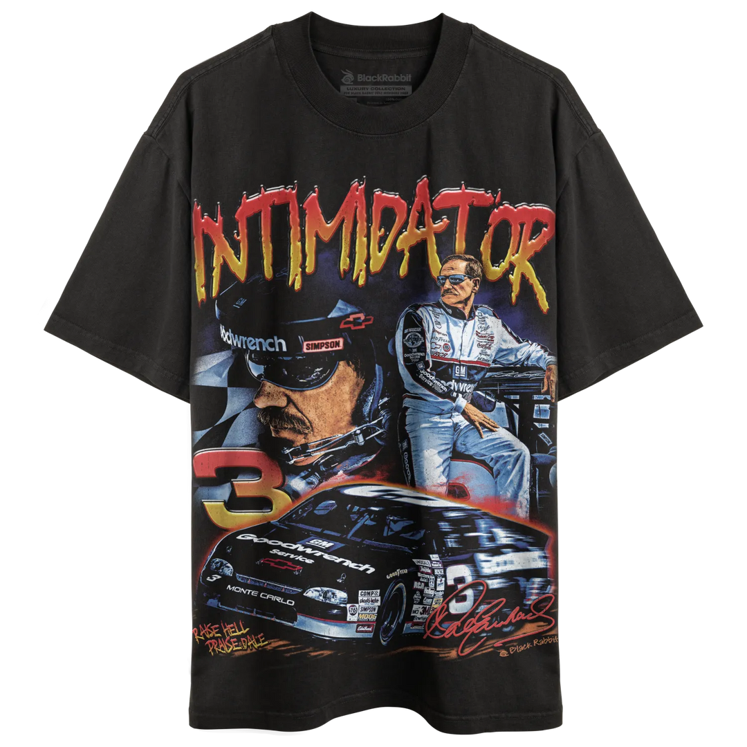 Black short-sleeved t-shirt with a vintage-style graphic of a race car driver and car.