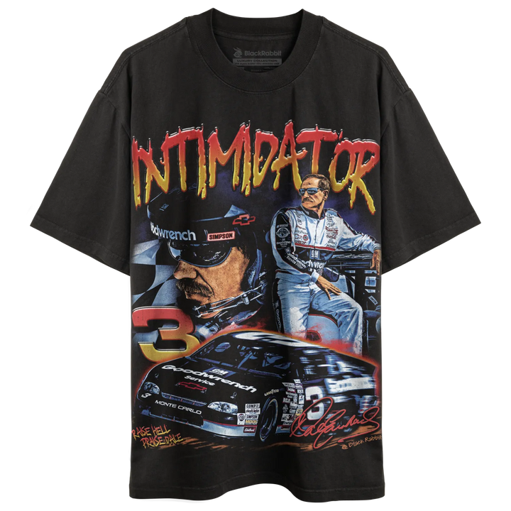 Black short-sleeved t-shirt with a vintage-style graphic of a race car driver and car.
