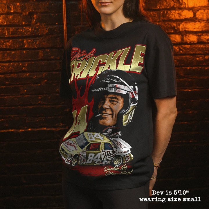 Model wearing heavy tee with dick trickle graphic 