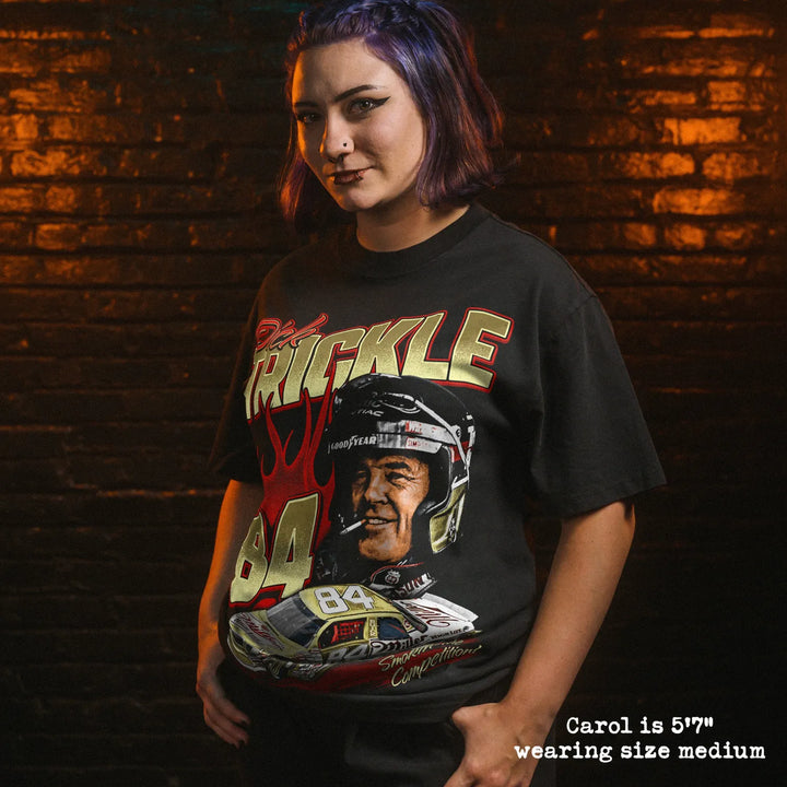 Model wearing heavy tee with dick trickle graphic 