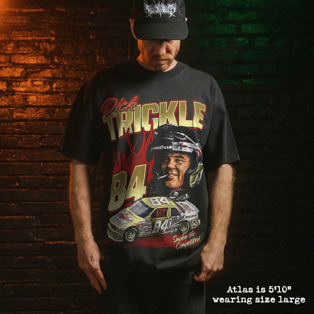Model wearing heavy tee with dick trickle graphic 