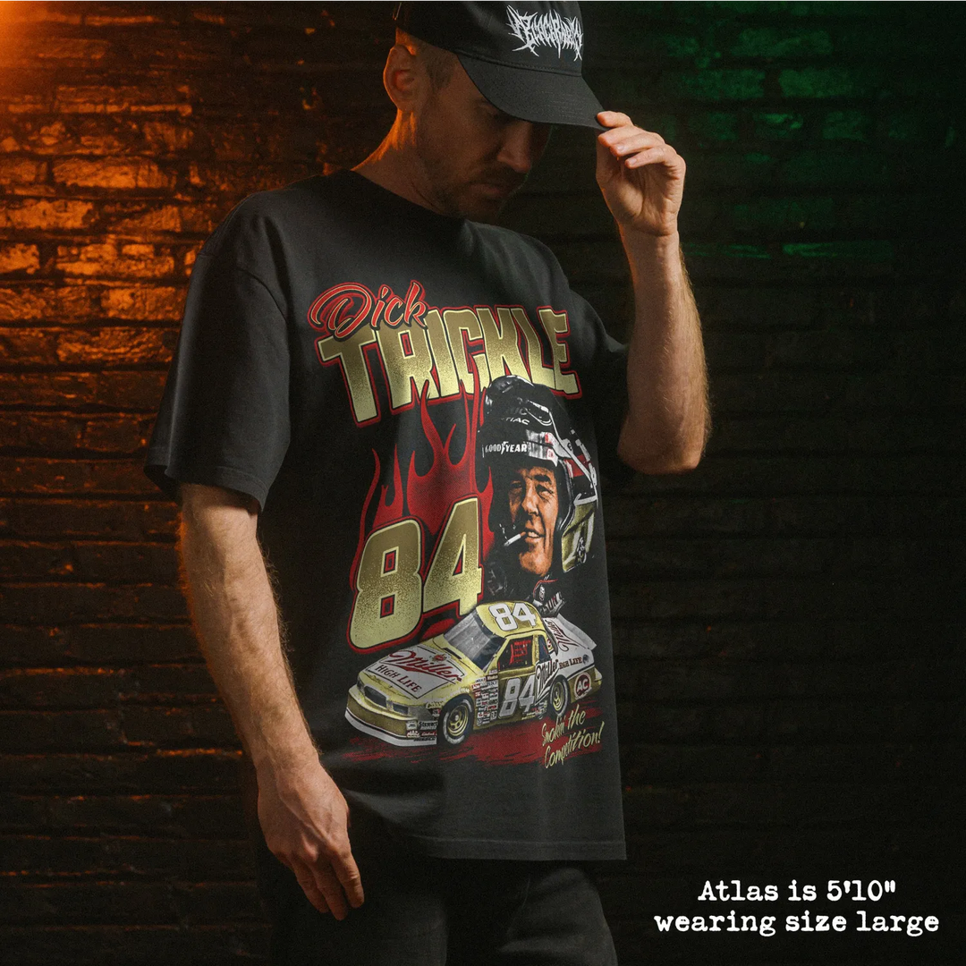 Model wearing heavy tee with dick trickle graphic 