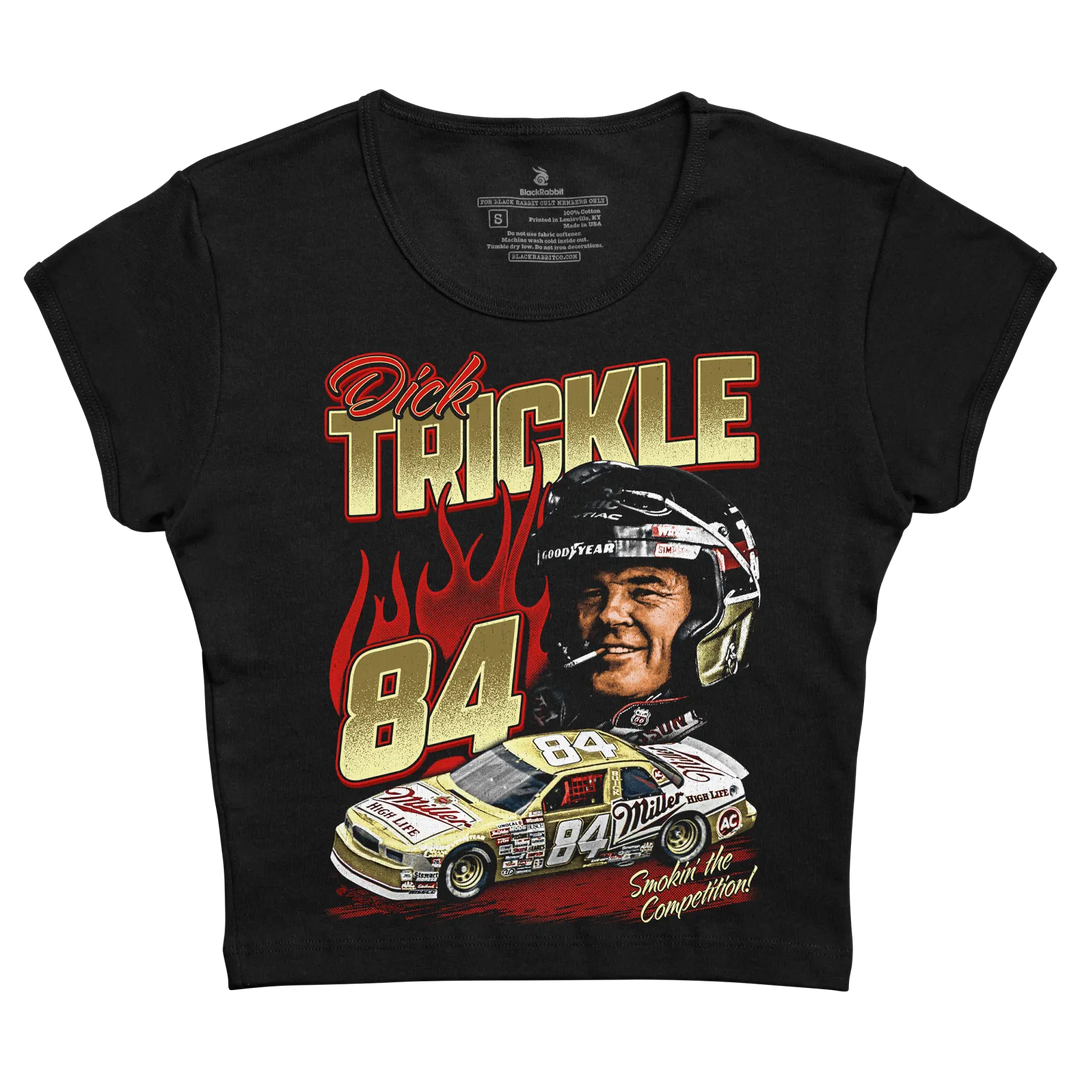 Black short-sleeved t-shirt featuring a graphic of nascar driver dick trickle in his helmet, with the number 84 and flames above it.