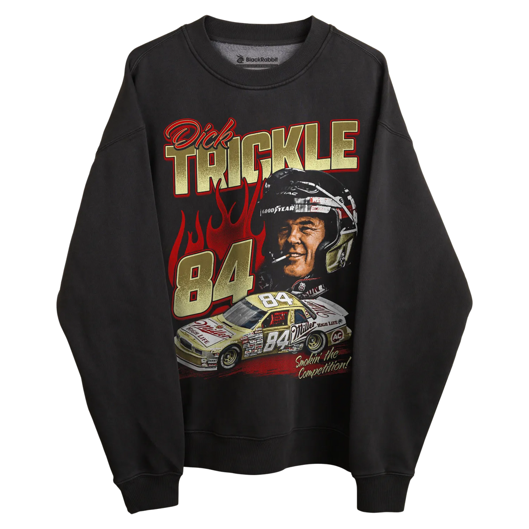 Charcoal dick trickle 84 nascar sweatshirt with flame design and helmet graphic.