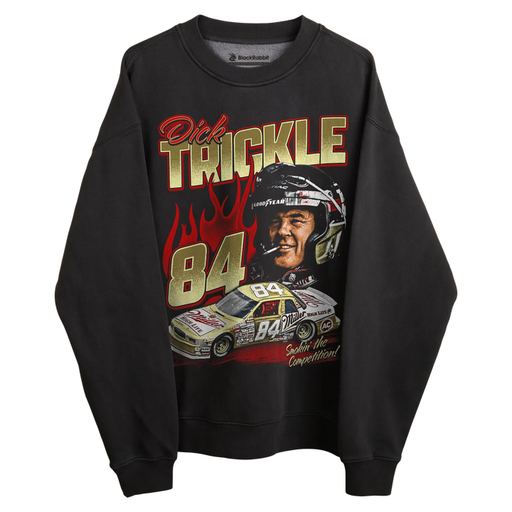 Charcoal dick trickle 84 nascar sweatshirt with flame design and helmet graphic.