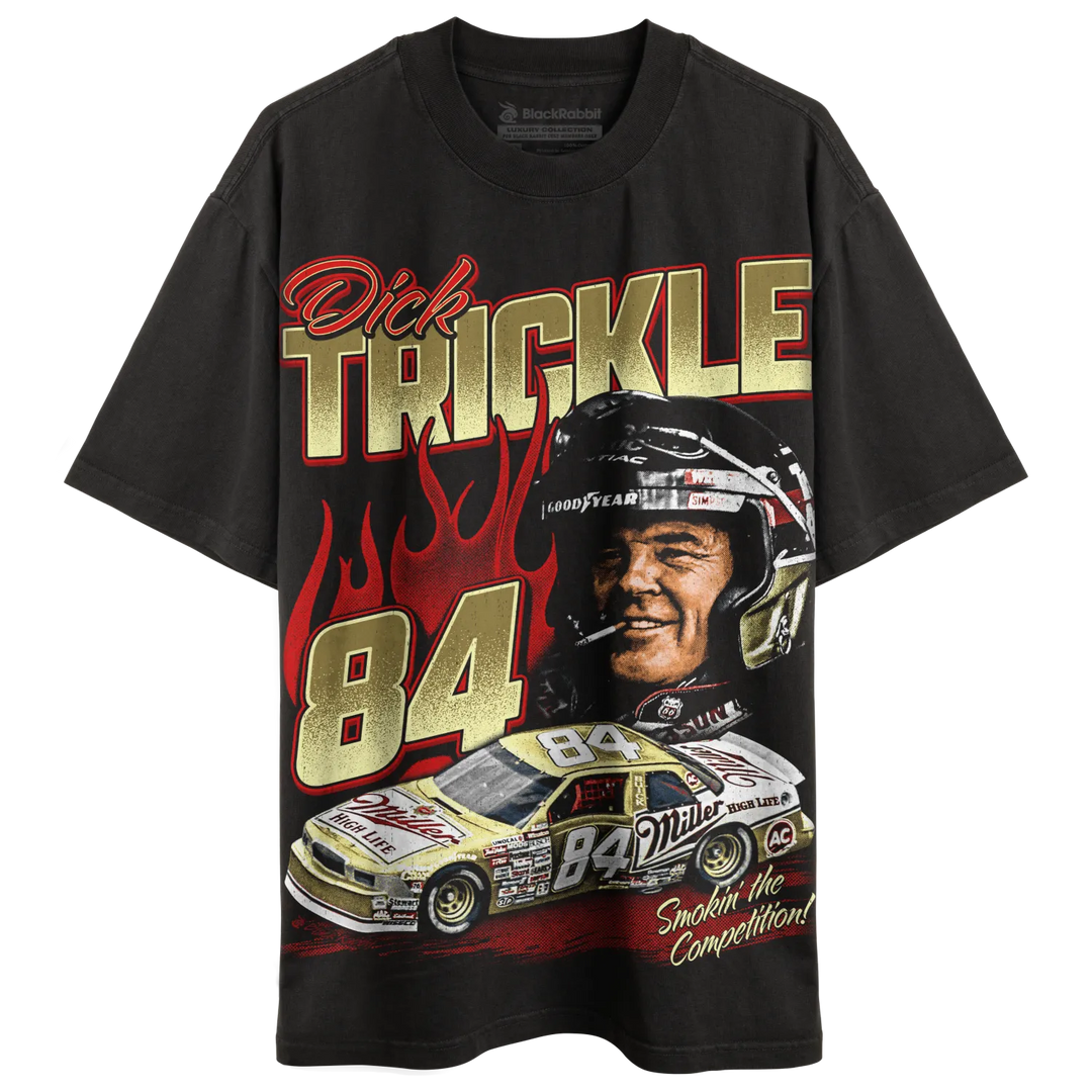 Black short-sleeved t-shirt with a colorful graphic print featuring a race car driver and car with flames.