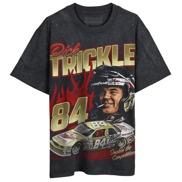 Dark grey short-sleeved t-shirt with a vintage-style graphic print of a race car, a race car driver, and flames.