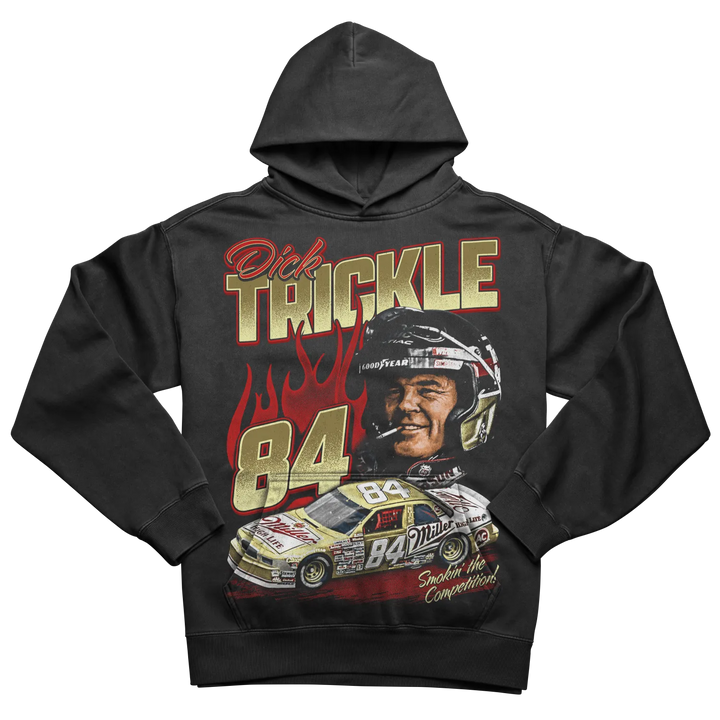 Black hoodie with a ’Dick Trickle 84’’ graphic featuring a race car driver and a stock car.