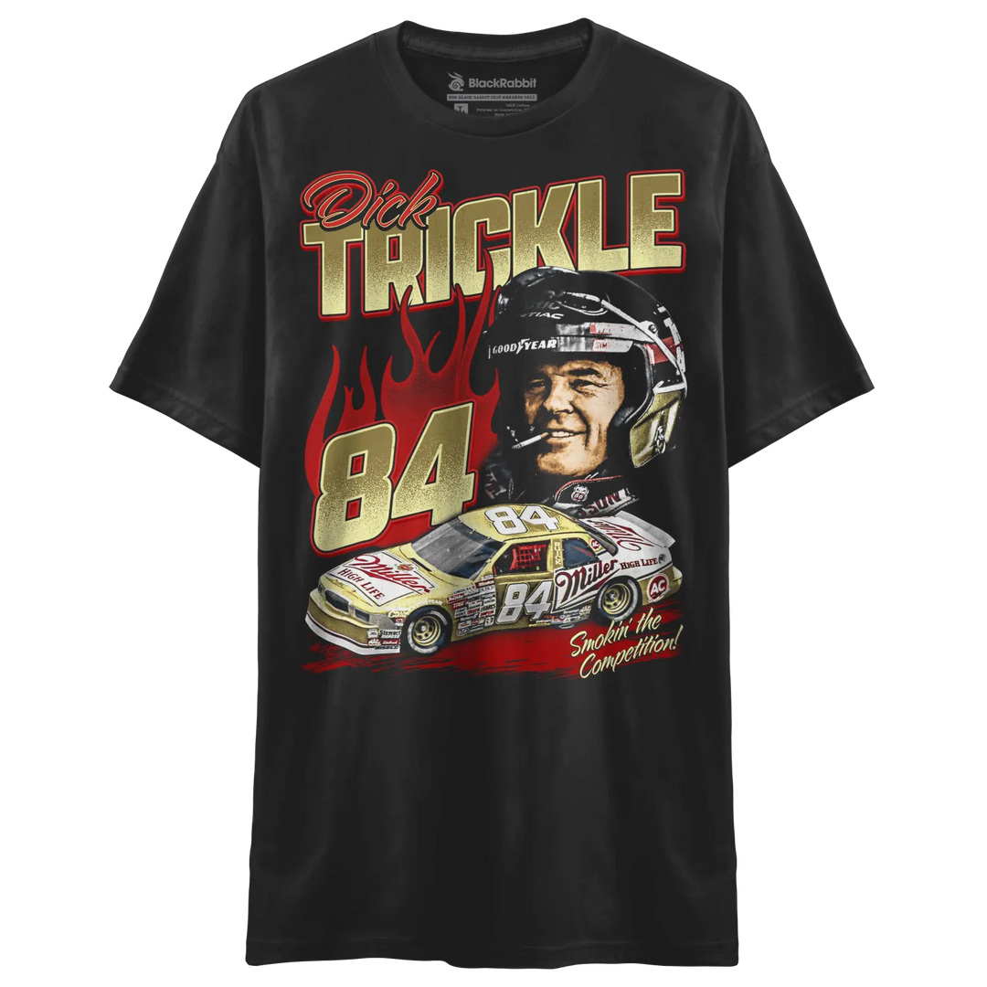Black graphic t-shirt with a vintage race car and driver design.