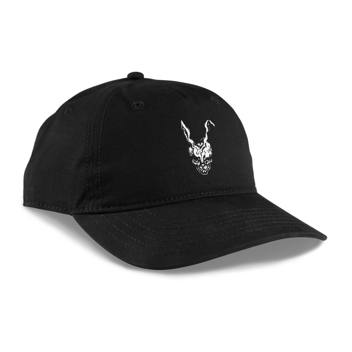 A black unstructured cap featuring a white graphic of Frank from Donnie Darko 