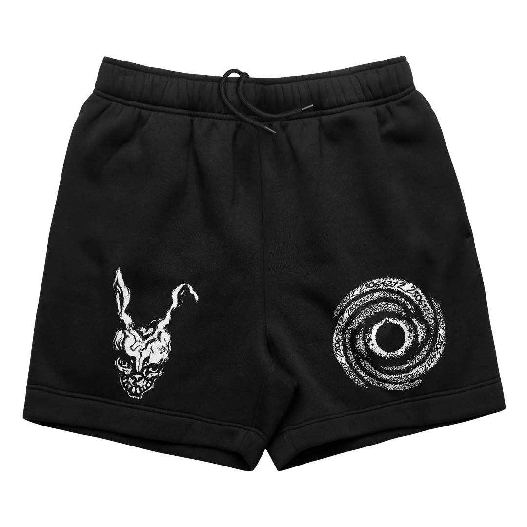 Black rabbit fleece sweat shorts with white rabbit skull and swirling vortex embroidery elasticated waistband tonal