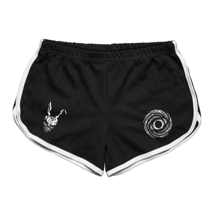Black rabbit women’s donnie darko frank sketch retro sport shorts with white side stripes and embroidered leg designs