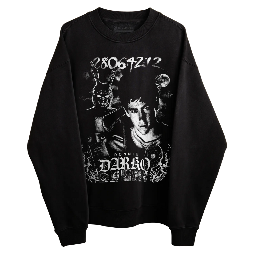 A black crewneck sweatshirt featuring a large white graphic print on the front with the text &