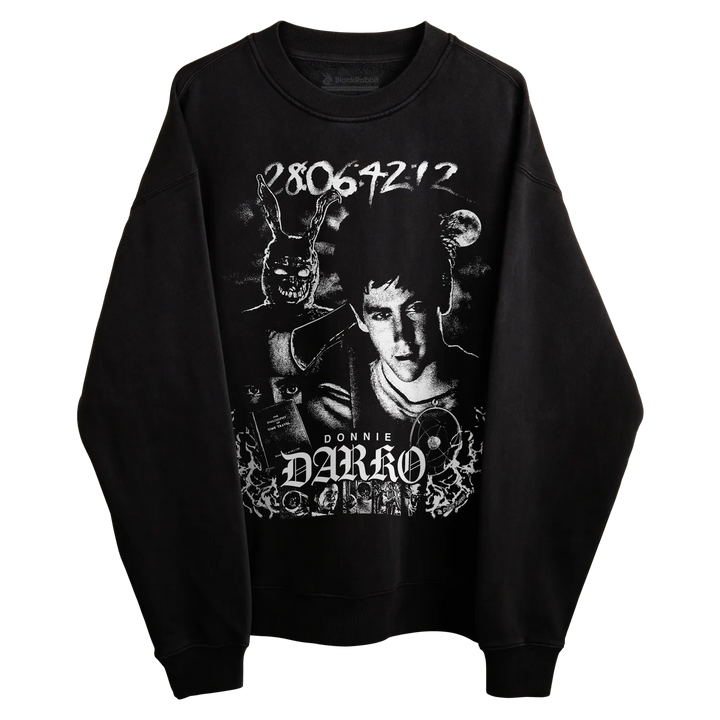 A black crewneck sweatshirt featuring a large white graphic print on the front with the text &