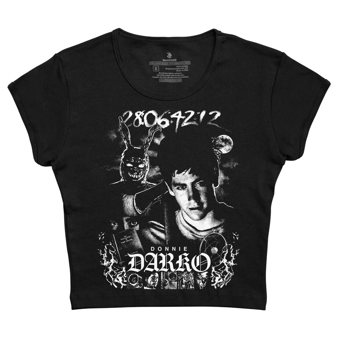 A black short-sleeve graphic t-shirt featuring a high-contrast white print of a man&