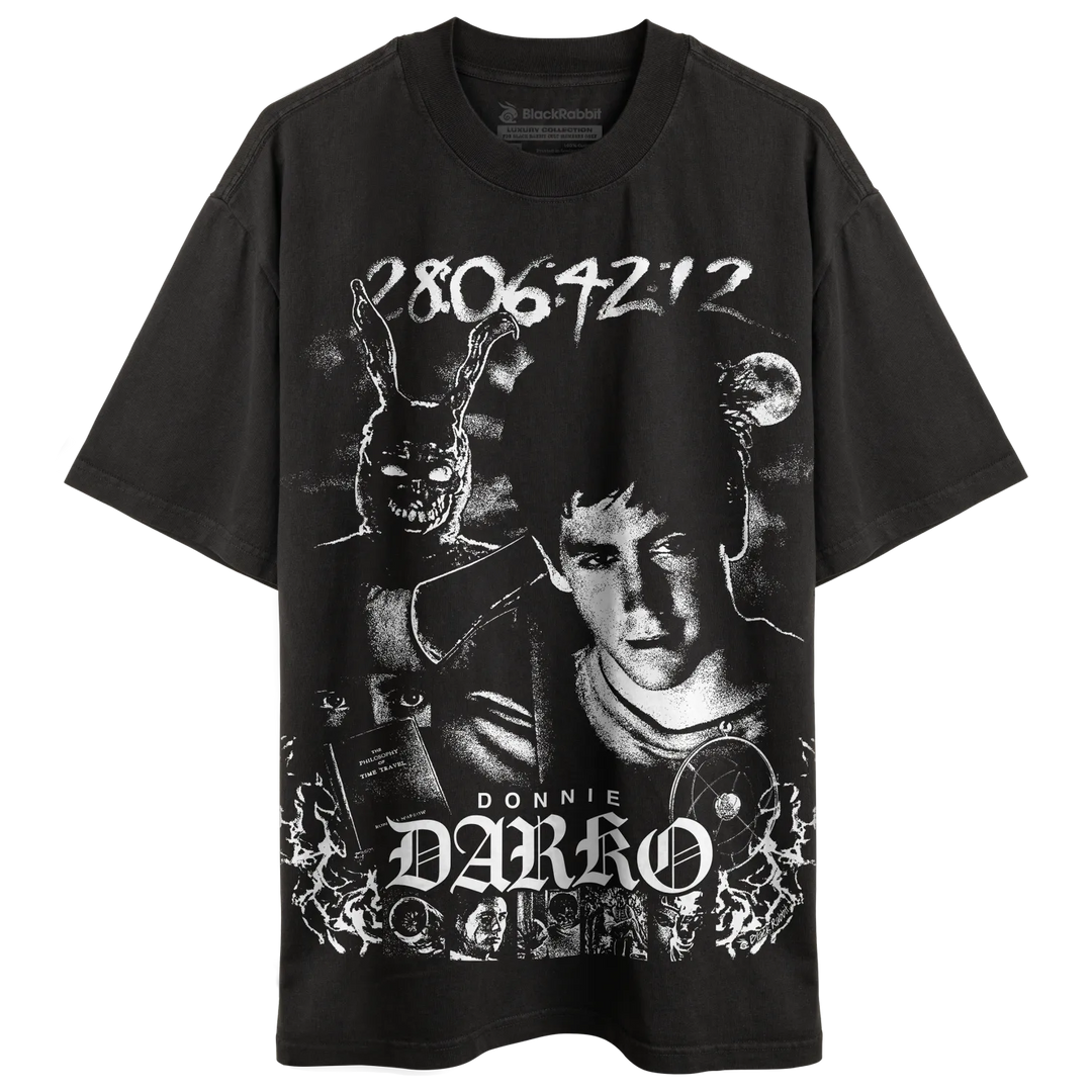 A black short-sleeve graphic t-shirt featuring a high-contrast white print of a young man&