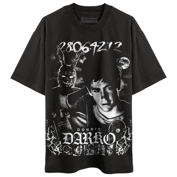 A black short-sleeve graphic t-shirt featuring a high-contrast white print of a young man&