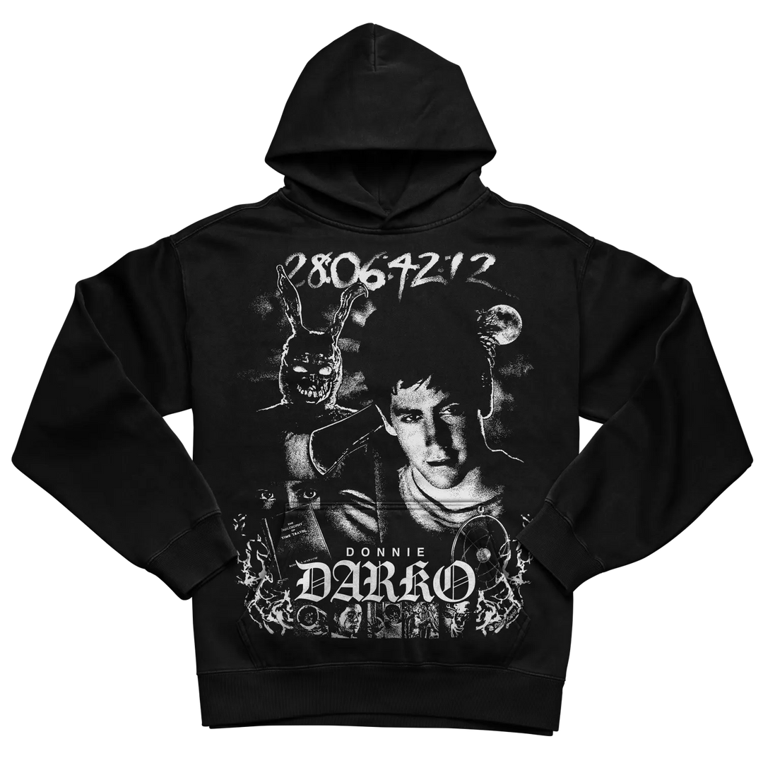 A black pullover hoodie featuring a large white graphic print on the front. The design includes the text &
