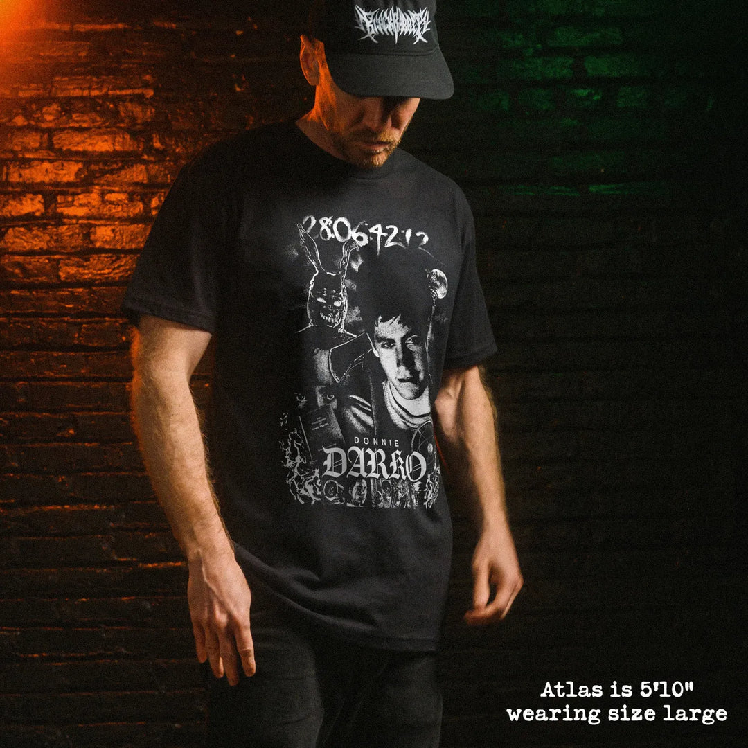 Male model wear soft premium tee with Donnie Darko graphic
