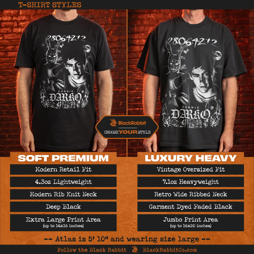 Two black t-shirts, one a soft premium fit and the other a luxury heavy vintage oversized fit, both featuring a design for Donnie Darko. 