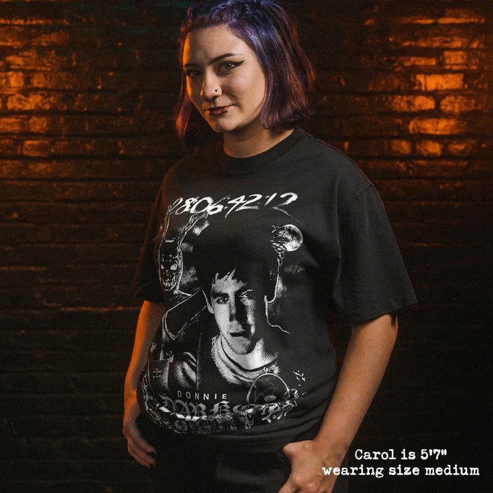 Model wearing heavy tee with Donnie Darko graphic 