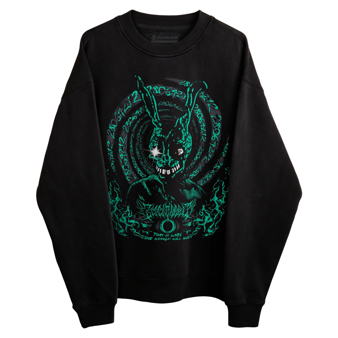 A black crewneck sweatshirt featuring a large graphic print of a dark, stylized rabbit-like creature with glowing teal details. 