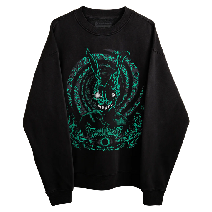 A black crewneck sweatshirt featuring a large graphic print of a dark, stylized rabbit-like creature with glowing teal details. 