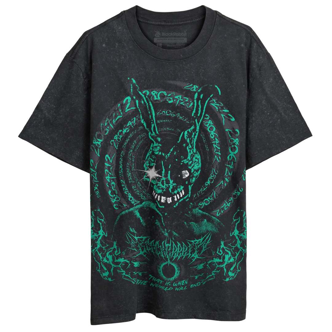 A black short-sleeve graphic t-shirt featuring a green and white horror-themed rabbit design with occult symbols and text. 