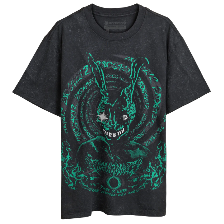 A black short-sleeve graphic t-shirt featuring a green and white horror-themed rabbit design with occult symbols and text. 