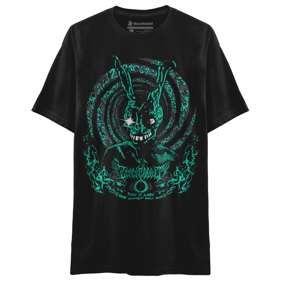 A black short-sleeve t-shirt with a large graphic print of a rabbit inside a swirling teal circular design. 