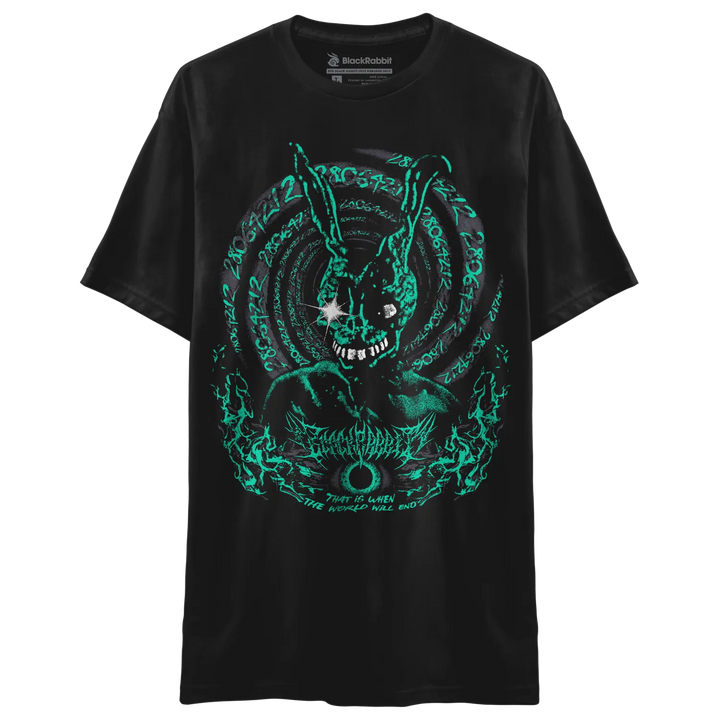 A black short-sleeve t-shirt with a large graphic print of a rabbit inside a swirling teal circular design. 
