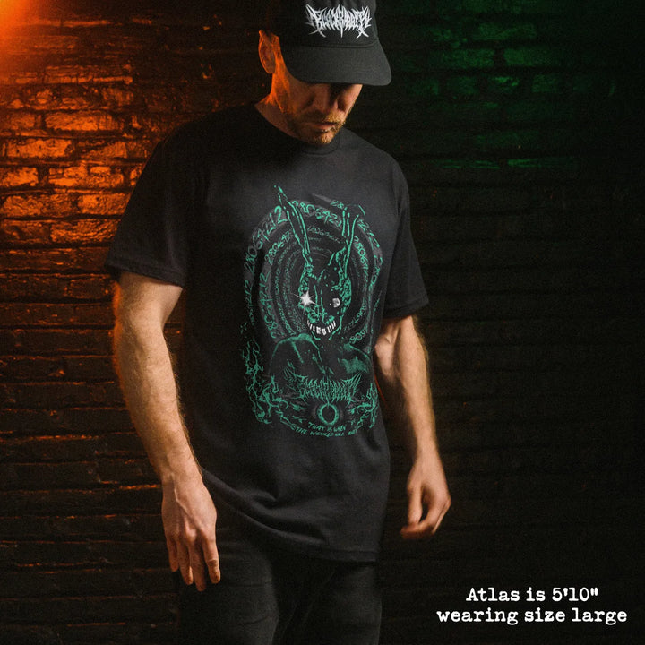 Male model wear soft premium tee with Donnie Darko graphic
