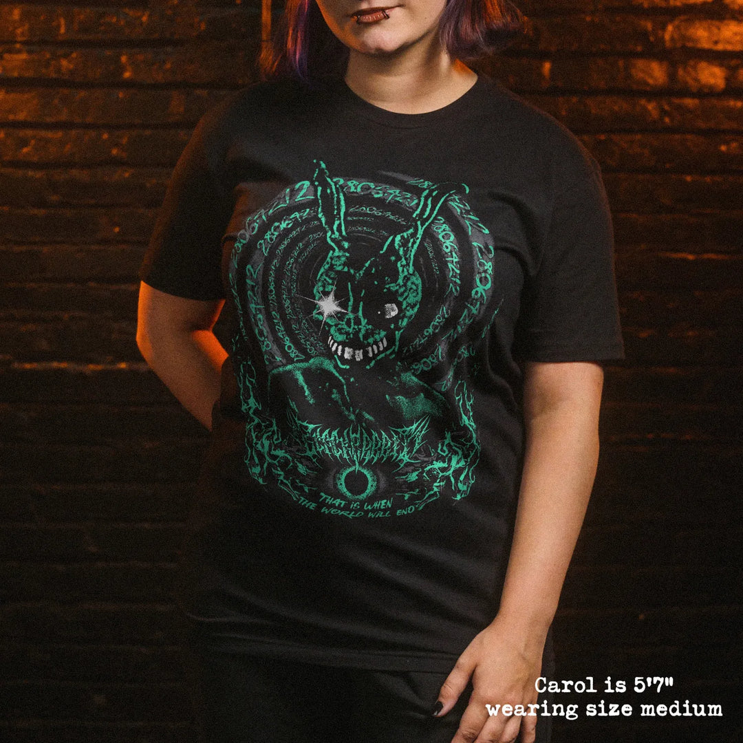 Female model wear soft premium tee with Donnie Darko graphic
