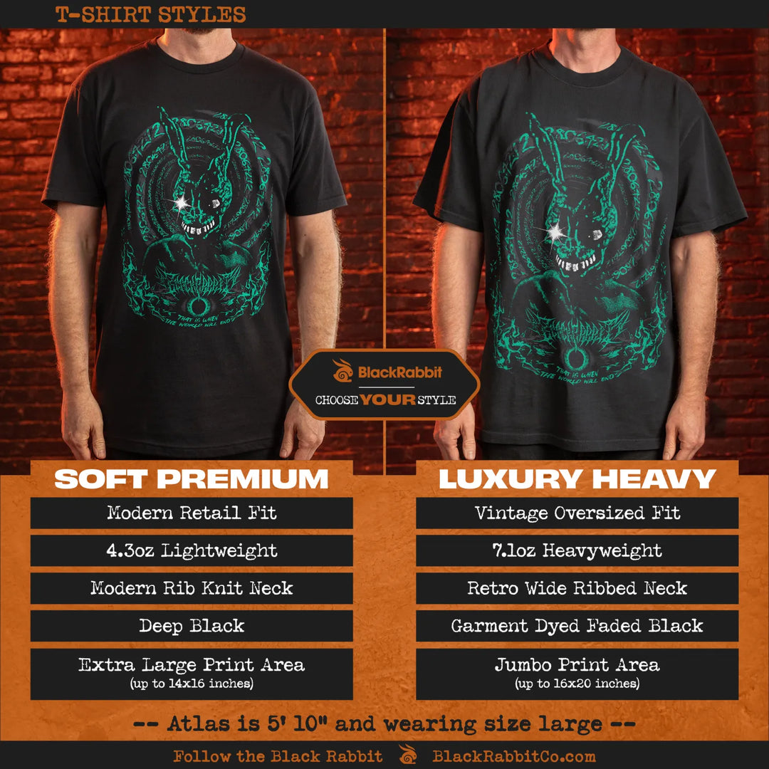 Two black t-shirts, one a soft premium fit and the other a luxury heavy vintage oversized fit, both featuring a design for Donnie Darko. 