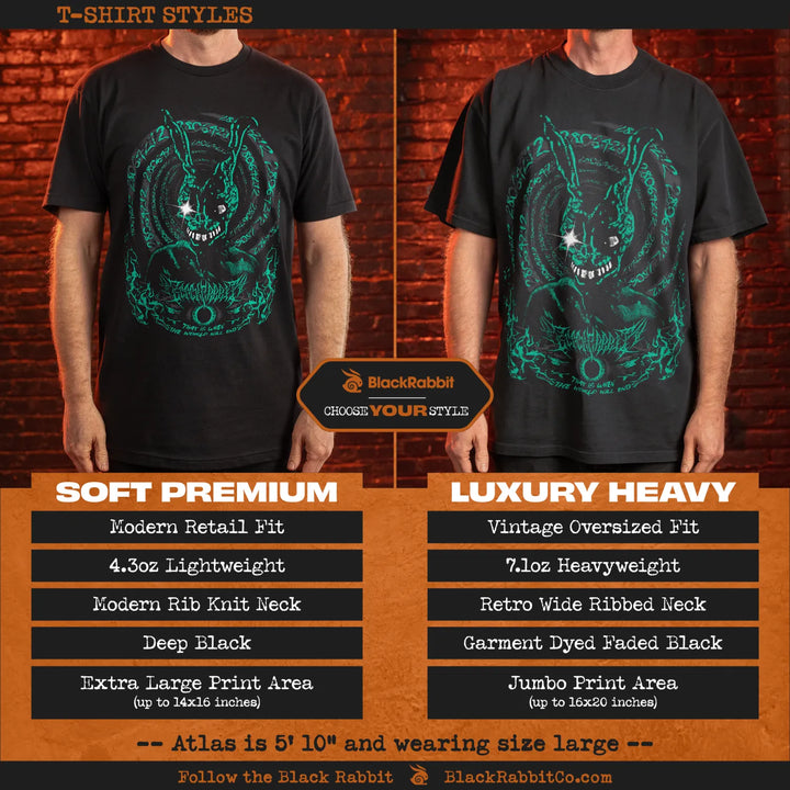 Two black t-shirts, one a soft premium fit and the other a luxury heavy vintage oversized fit, both featuring a design for Donnie Darko. 