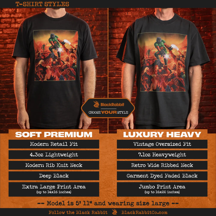 Comparison of two black t-shirt styles with a video game graphic.