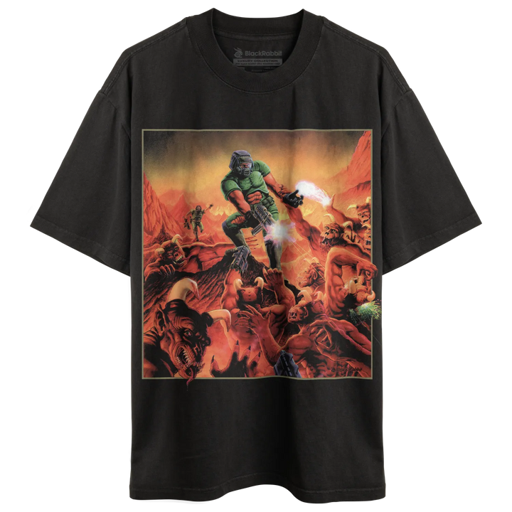 Black t-shirt with a colorful graphic print of the Doom Slayer fighting demons.