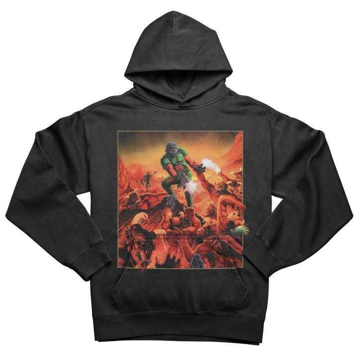 Black pullover hoodie with a vibrant graphic print of the Doom Slayer fighting demons.
