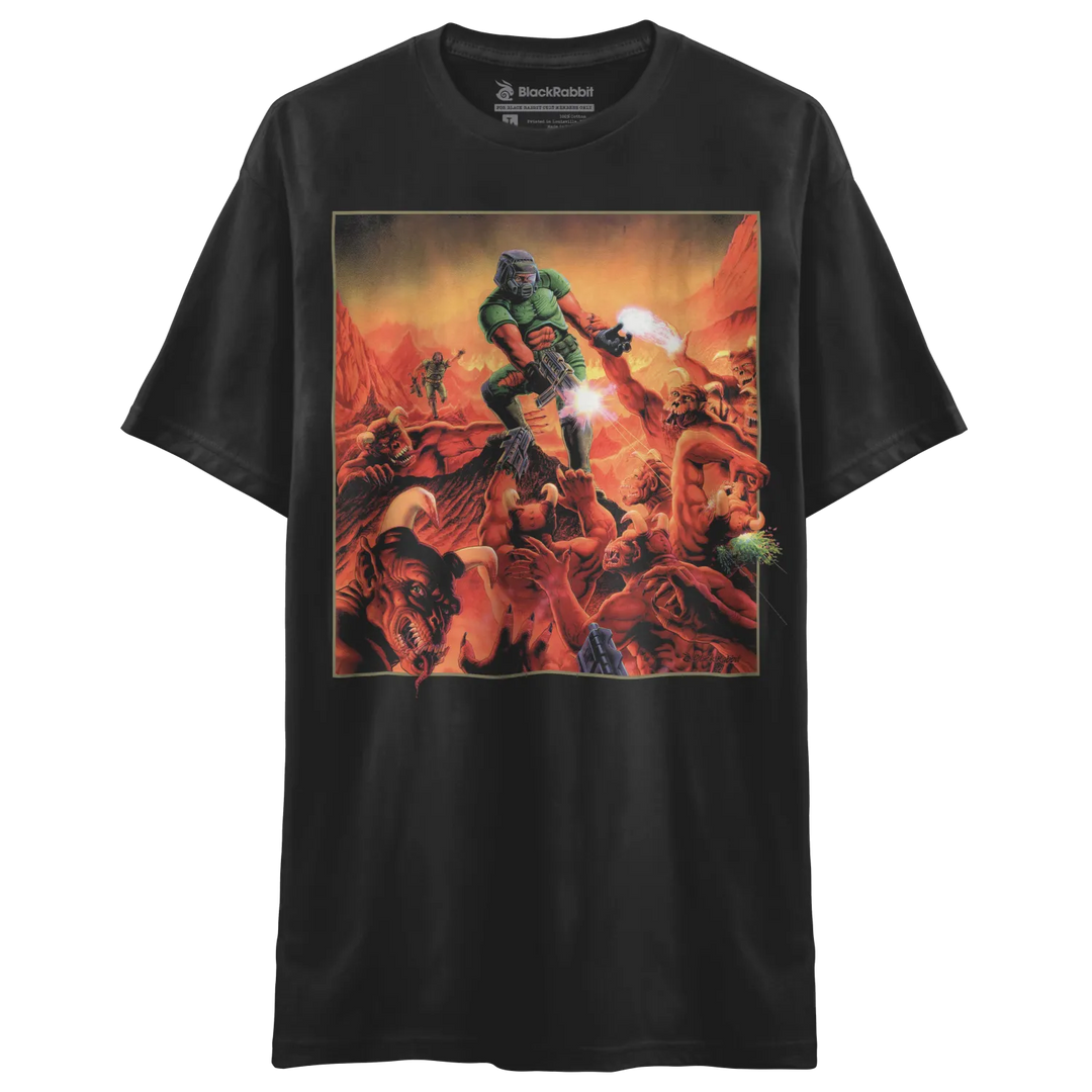 Black t-shirt with a colorful graphic of a space marine fighting demons.