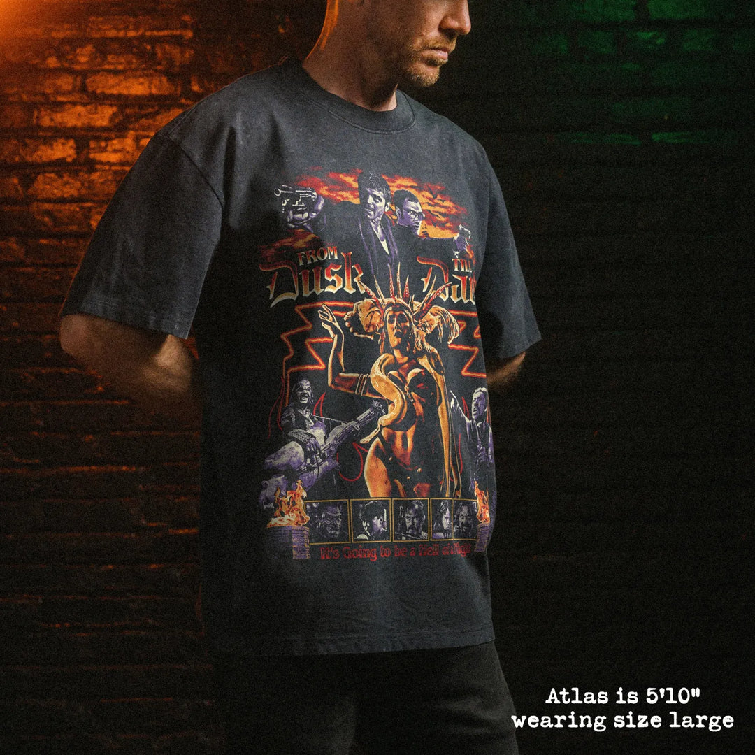 Male model wearing stone wash heavy tee with from dusk till dawn graphic 