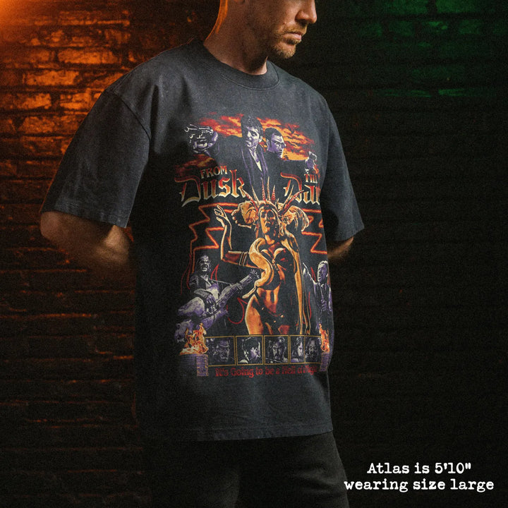 Male model wearing stone wash heavy tee with from dusk till dawn graphic 
