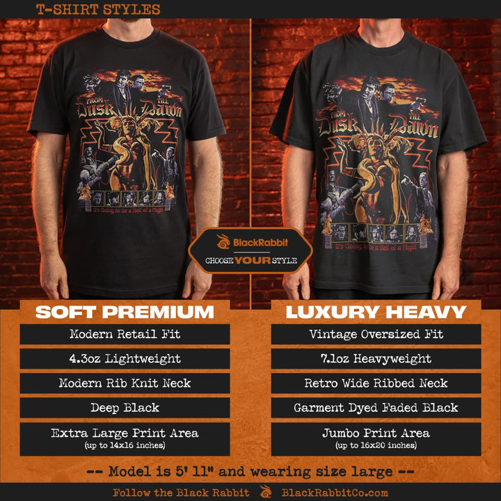 Two black t-shirts showcasing different styles and fabric weights. 