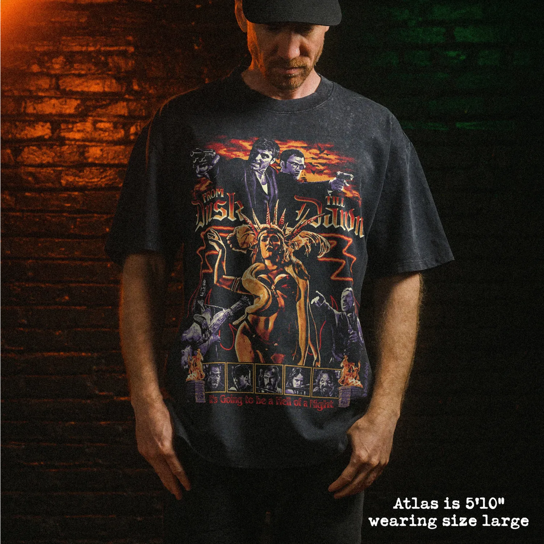 Male model wearing stone wash heavy tee with from dusk till dawn graphic 