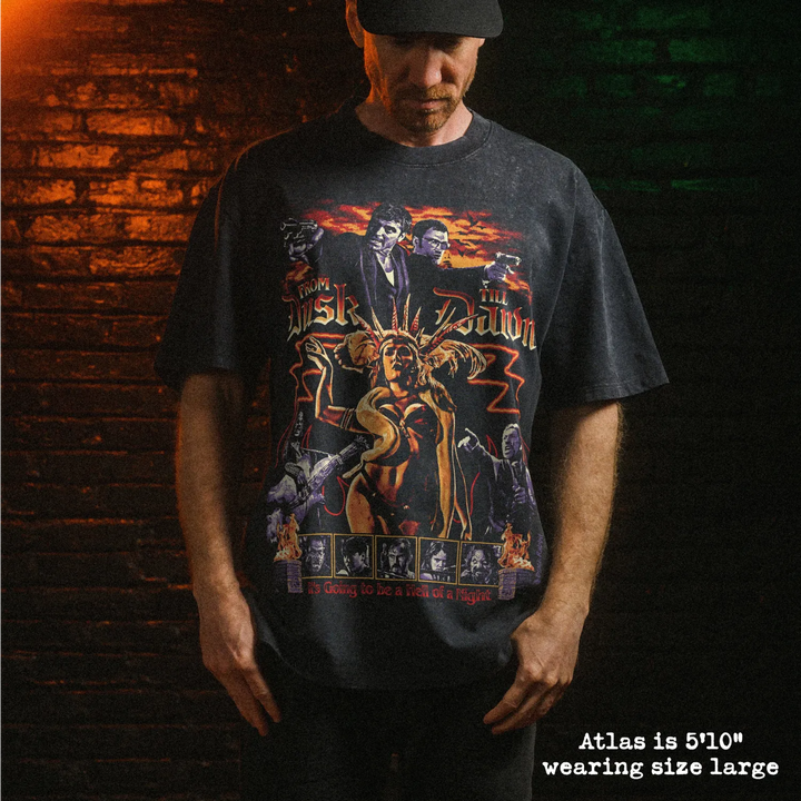 Male model wearing stone wash heavy tee with from dusk till dawn graphic 