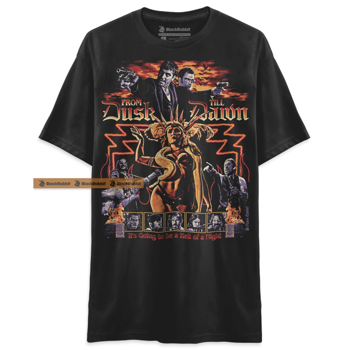 Black t-shirt with ’From Dusk Till Dawn’ graphic.