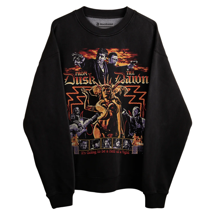 Black sweatshirt with ’from dusk till dawn’ graphic design featuring characters and title text. 
