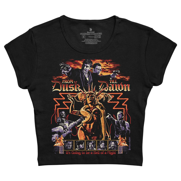 Black short-sleeved t-shirt featuring a vibrant graphic of the ’from dusk till dawn’ movie poster with red and orange accents. 