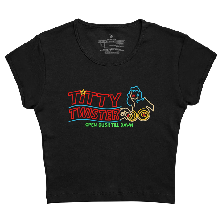 Black cropped t-shirt featuring a neon-style graphic of the titty twister logo with red, blue, and yellow lettering and design elements. 
