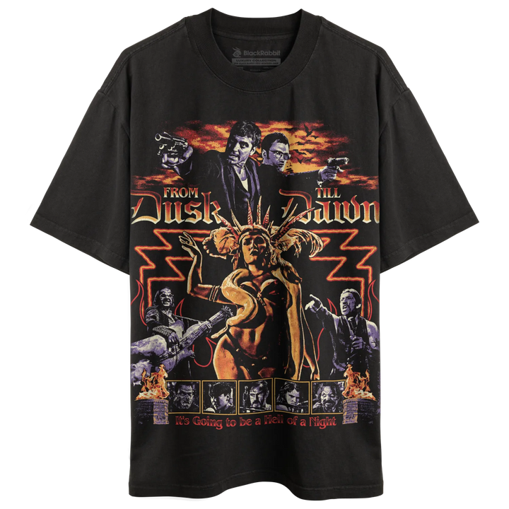 Black short-sleeved t-shirt with a ’From Dusk Till Dawn’ movie poster graphic. 