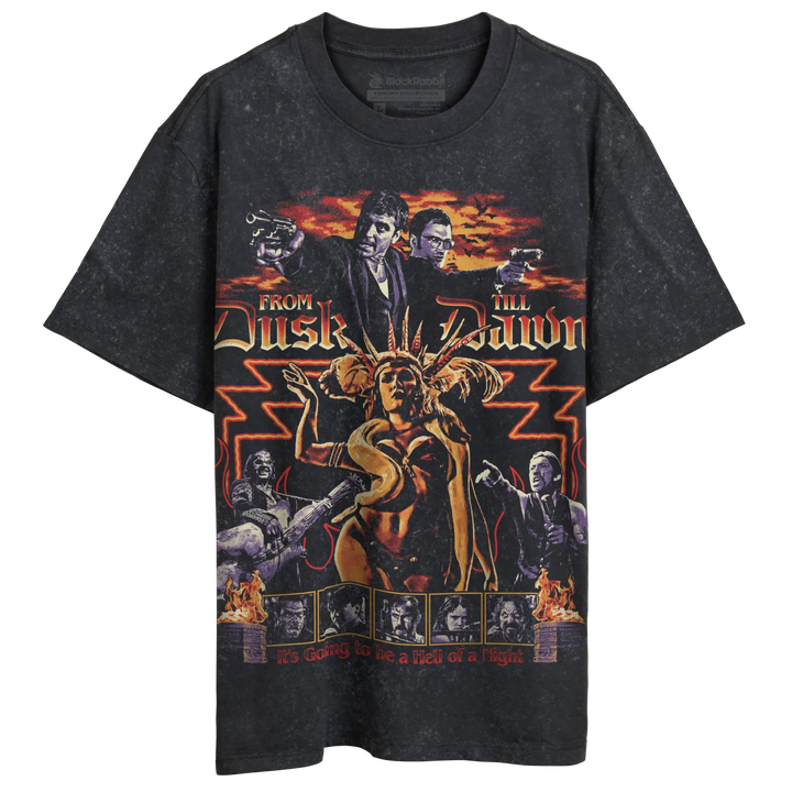 A dark grey, short-sleeved t-shirt with a colorful ’From Dusk Till Dawn’ movie poster graphic. 